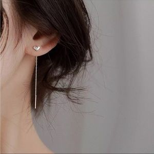 Heart Stud Long Bar Tassel Silver Threader Pull Thru Earrings NEW